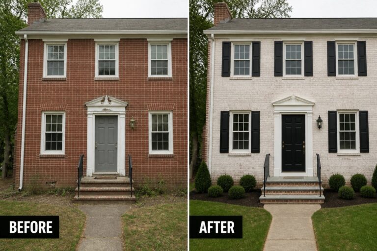 18 Classic Brick Exterior Makeover Ideas for Colonial and Cottage Homes Before-and-after image of a red brick colonial updated by painting the brick a light color and adding black shutters, a black front door, and simple foundation plantings.
