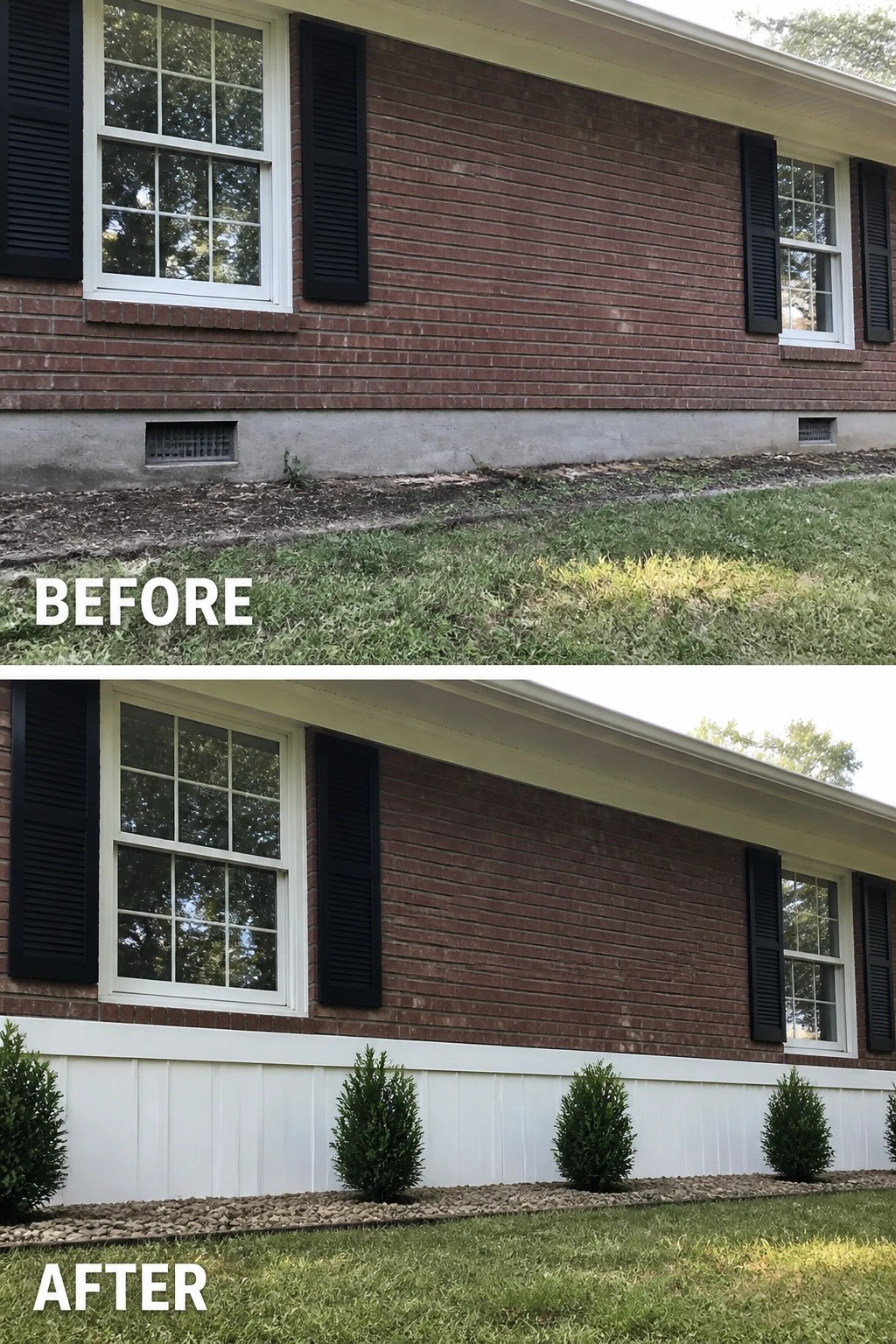 Before-and-after image of a brick house exterior where an exposed concrete foundation was covered with white vertical skirting and a narrow gravel bed planted with small evergreen shrubs.