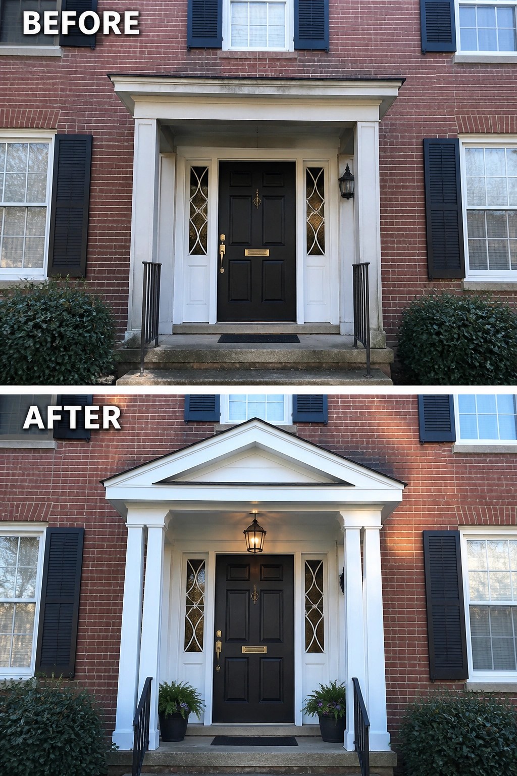 Before-and-after image of a brick front entry where a flat stoop is updated with a small portico of columns and pediment plus matching potted planters.