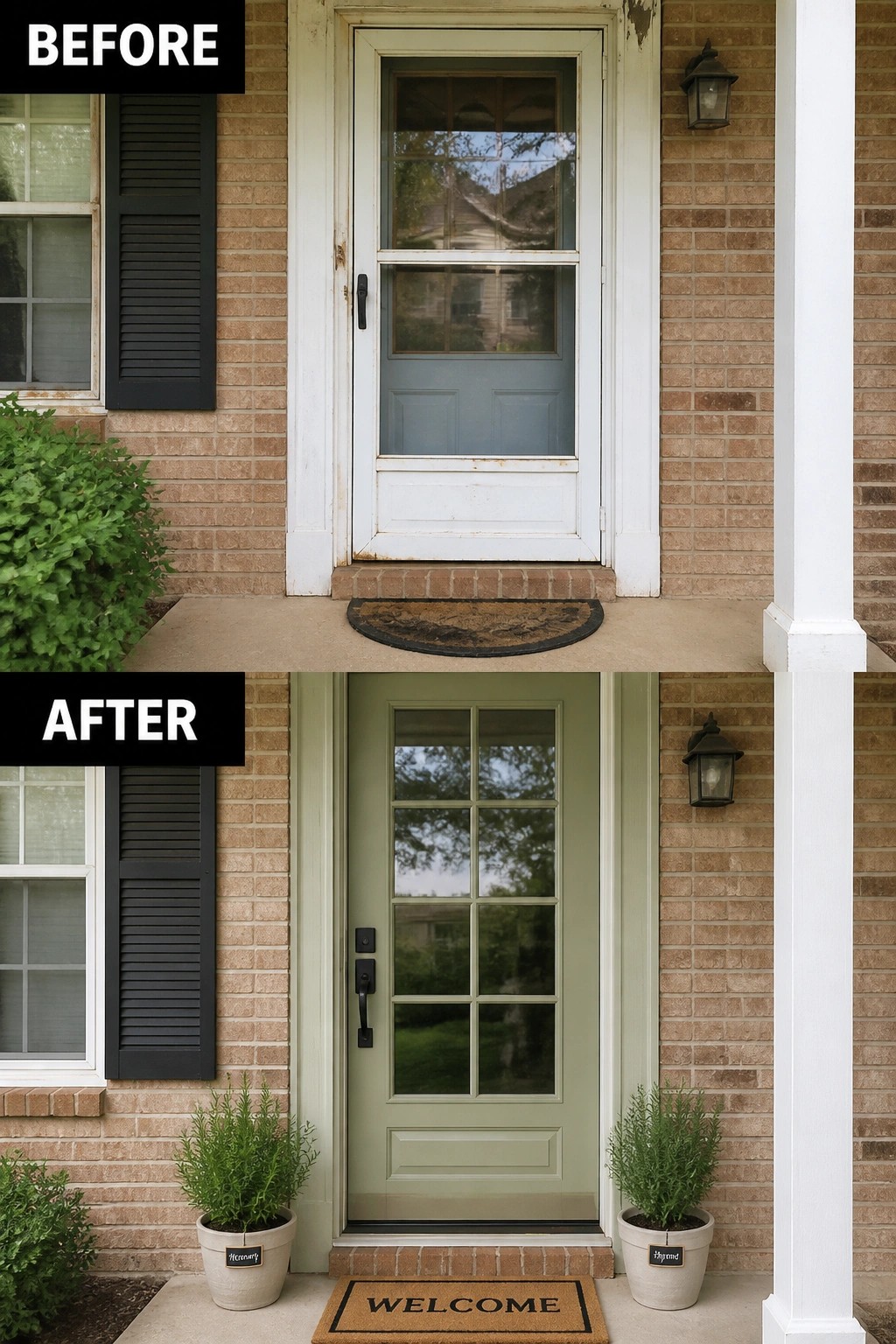 Before-and-after image of a front porch where a worn storm door was replaced with a painted glass-paneled entry door and the porch was staged with matching potted plants and a welcome mat.