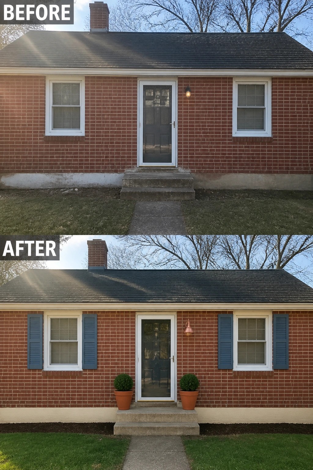 Before-and-after image of a brick house entry showing a plain facade updated with painted shutters, a new wall light, potted topiaries, and fresh foundation paint.