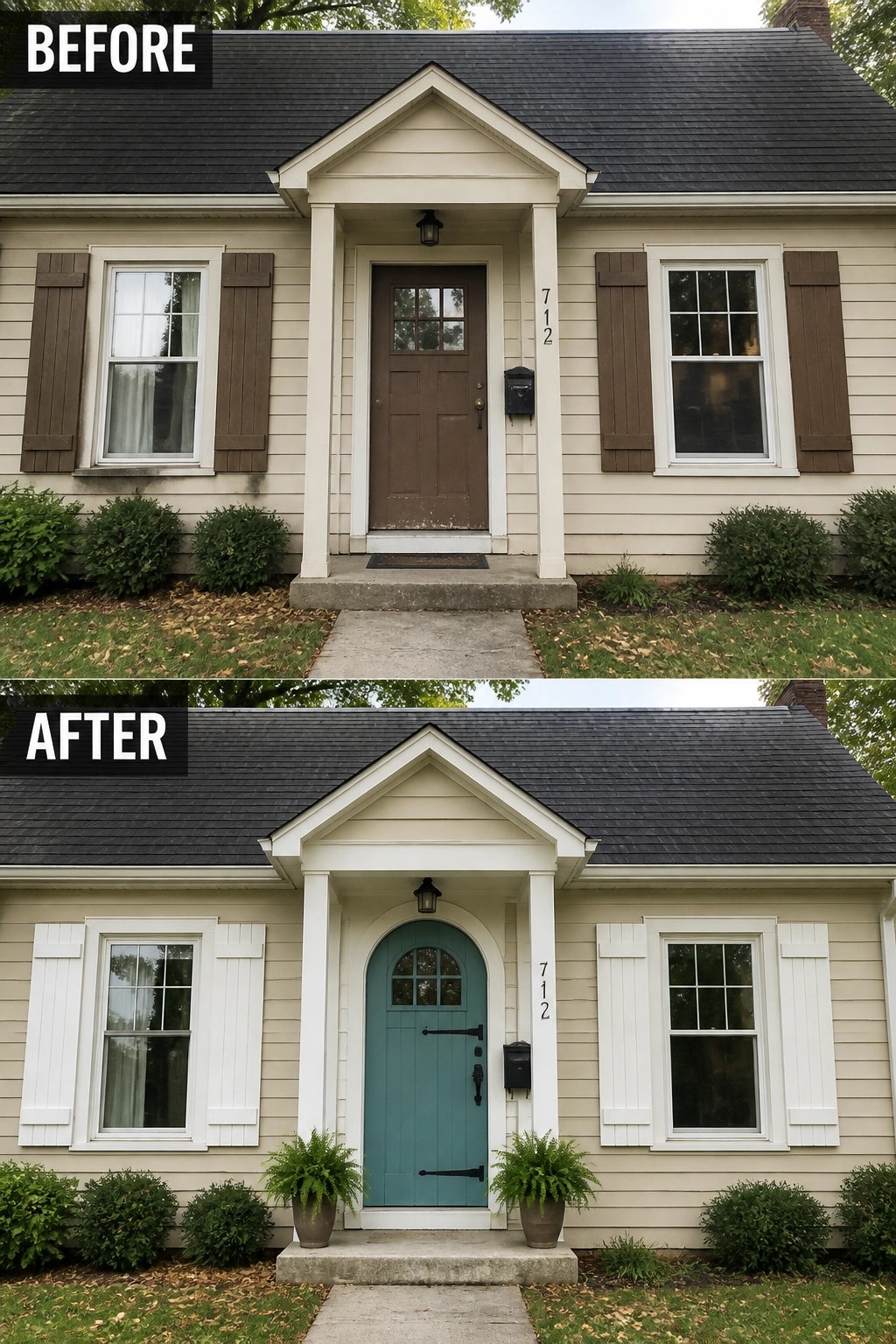 Before-and-after image of a cottage front porch where a plain brown door and brown shutters were updated with an arched teal door, white shutters, and matching planters.