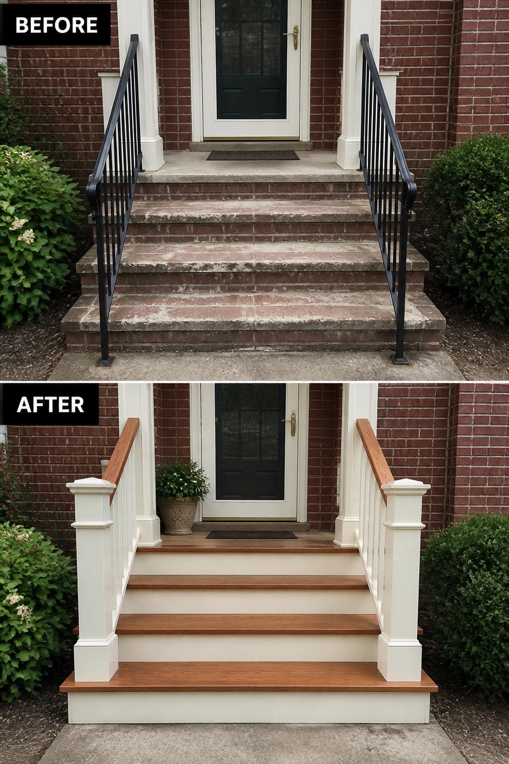 Before-and-after image of a front stoop updated from worn brick steps and metal railings to painted risers, wooden treads, and new newel posts.
