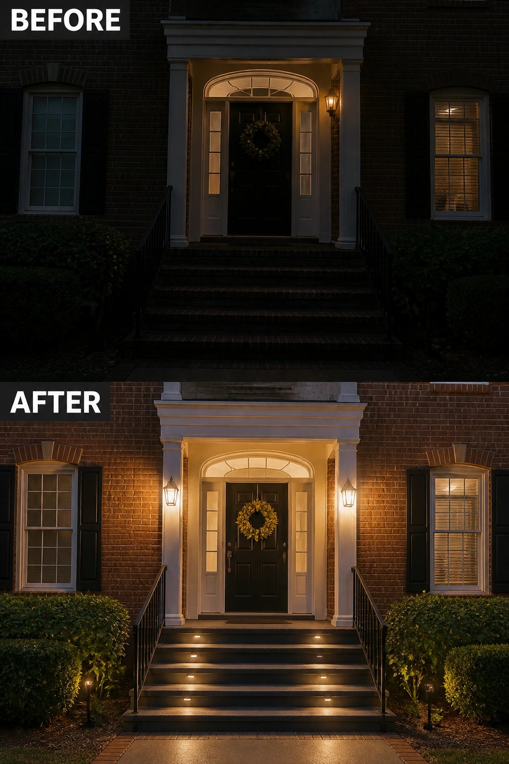Before/after comparison: brick colonial entrance, dark versus warmly lit steps, lanterns, wreath.