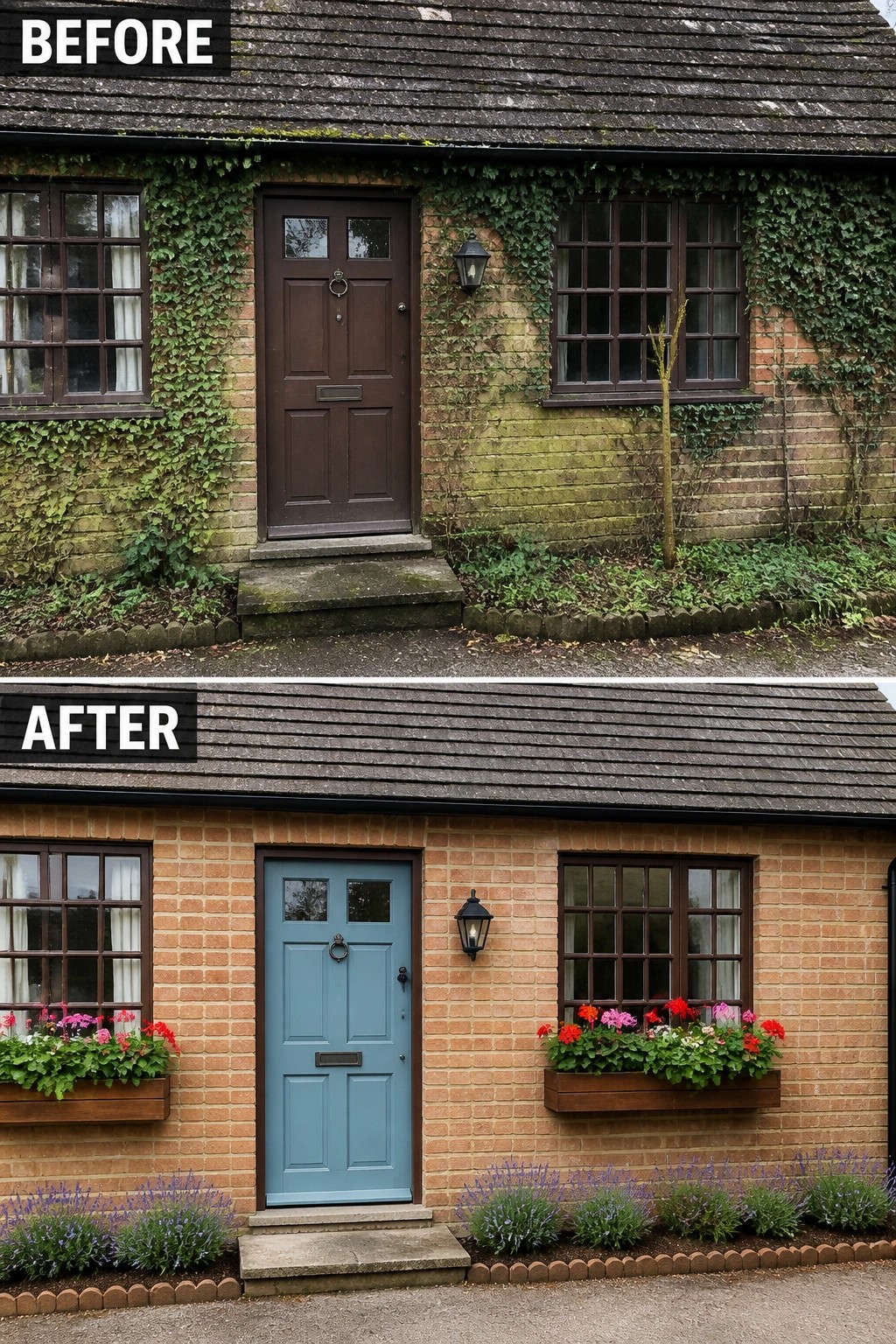 Before-and-after image of a brick cottage front where a mossy, ivy-covered facade with a dark door is changed to clean brick with a painted blue door and window flower boxes.