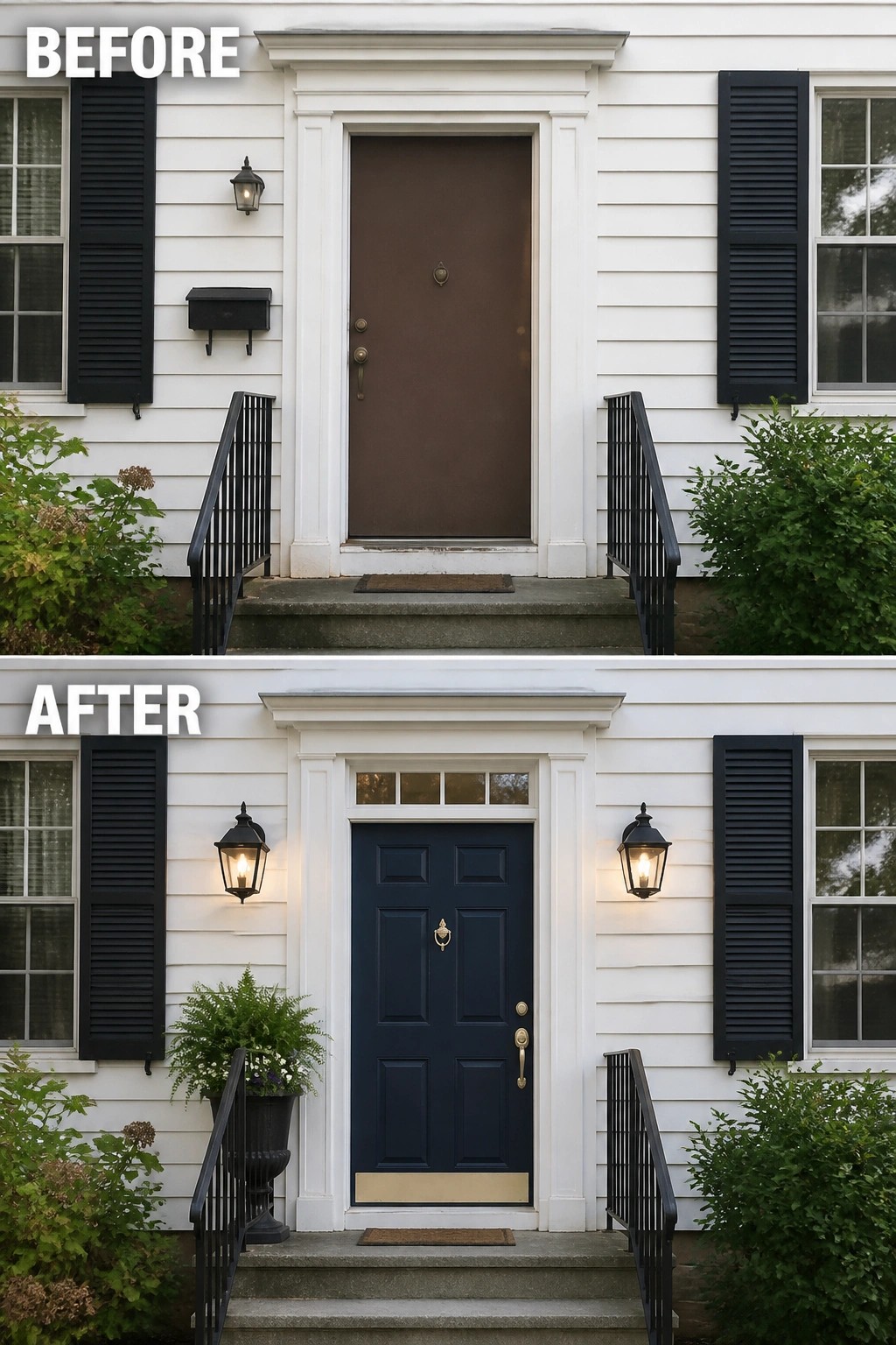 Before-and-after image of a front porch where a plain brown door was updated to a navy paneled door with brass hardware and a styled entry.