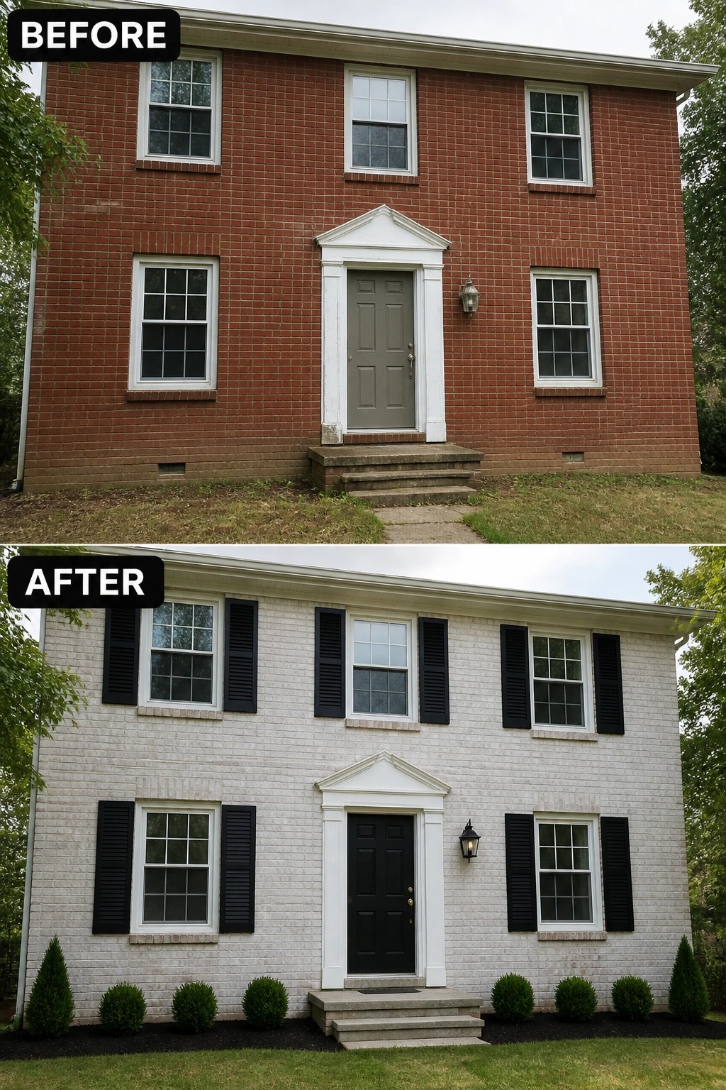 Before-and-after image of a red brick colonial updated by painting the brick a light color and adding black shutters, a black front door, and simple foundation plantings.