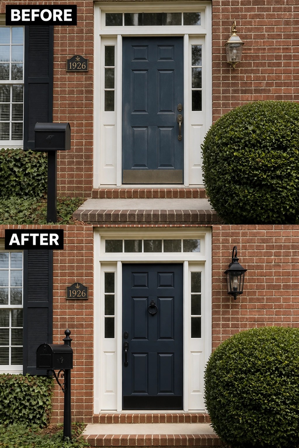 Before and after brick front entry: navy paneled door, black fixtures, mailbox, lantern