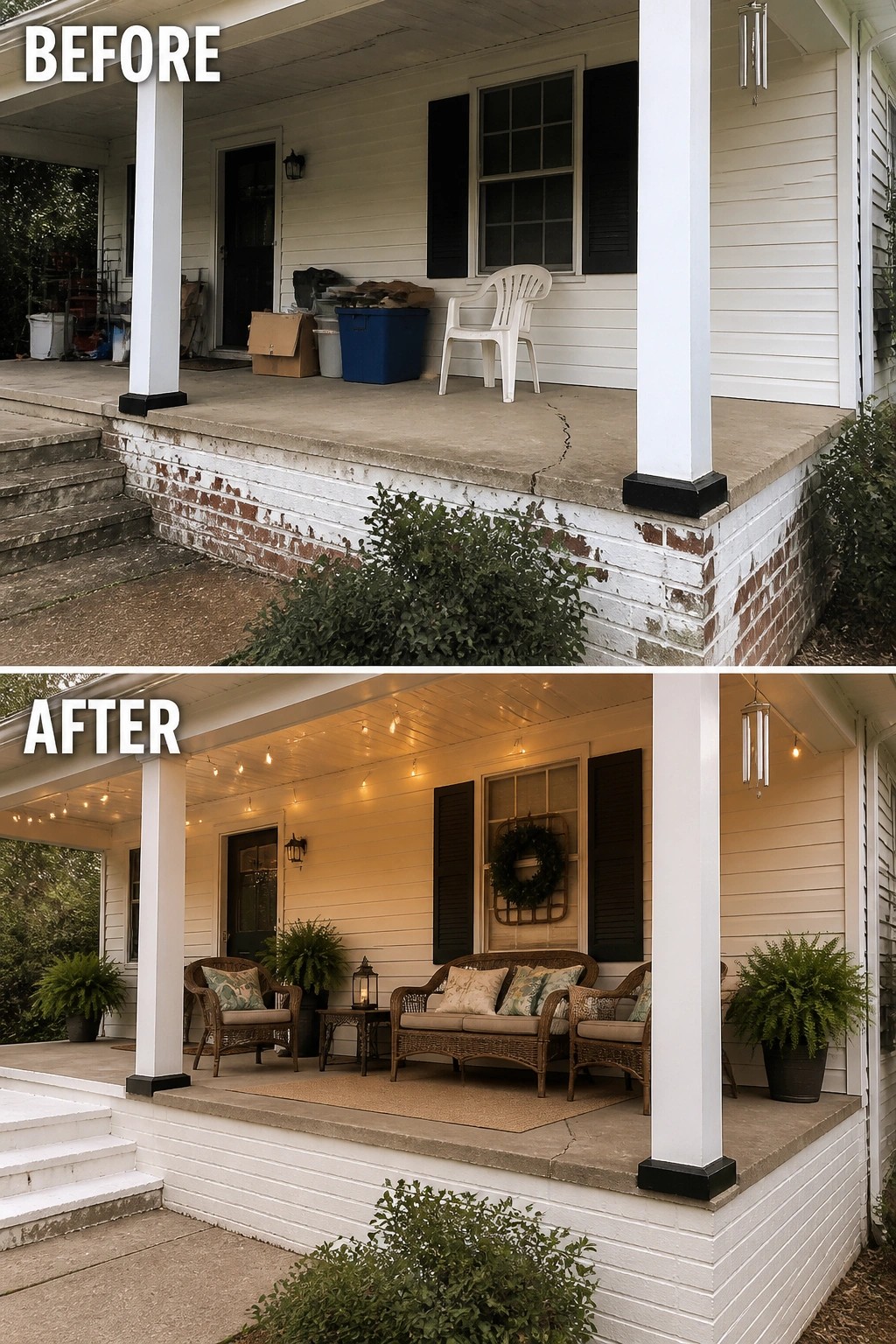 Before-and-after image of a plain front porch updated with wicker seating, a rug, potted plants, and string lights to create a usable covered seating area.