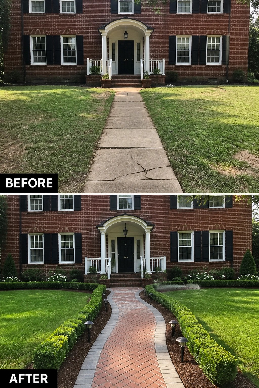 Before-and-after image of a front yard showing a cracked straight concrete walkway replaced by a curved brick paver path with stone edging, low boxwood borders, and path lights.