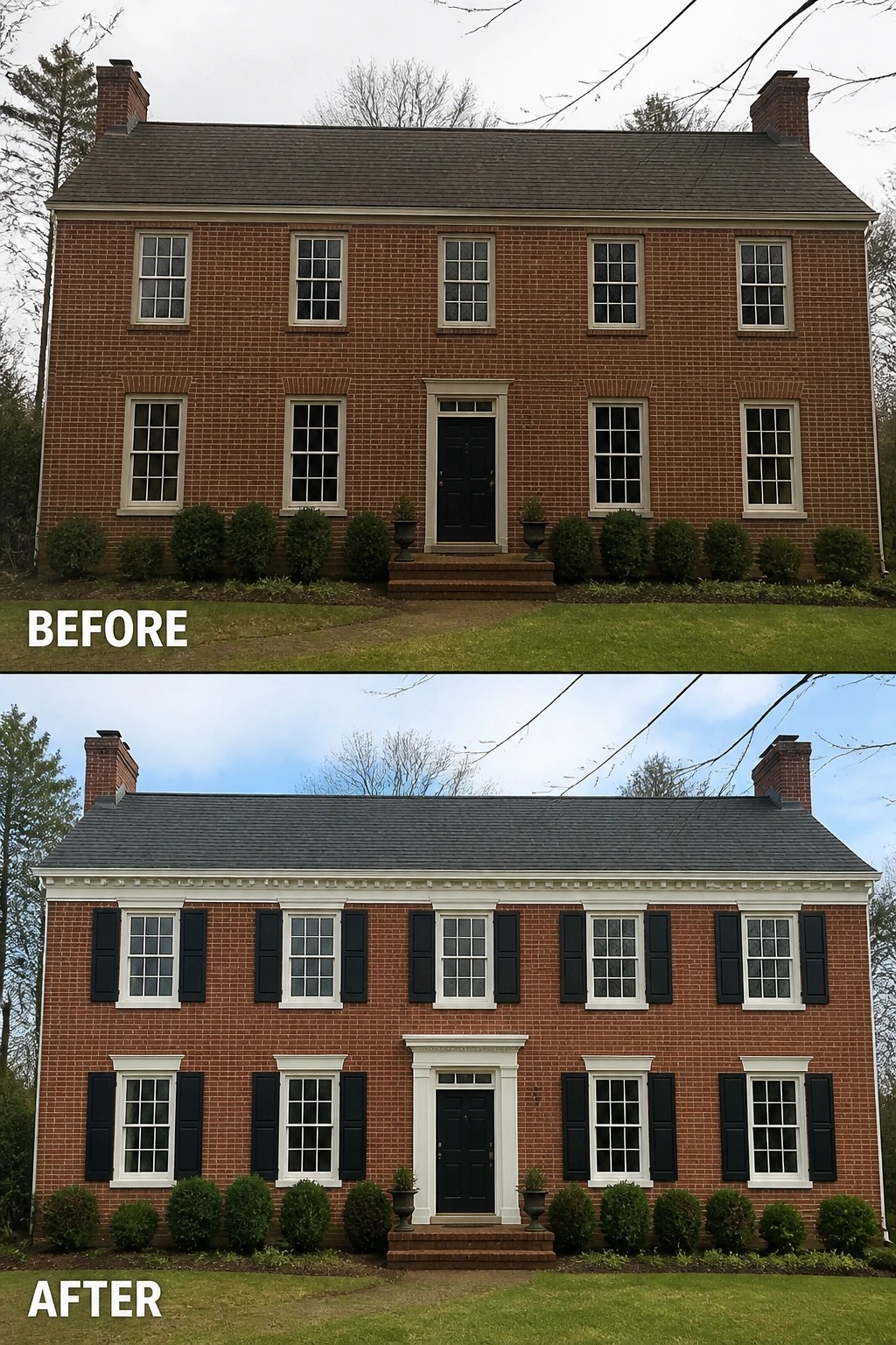 Before-and-after image of a brick Colonial house updated by adding white window and door trim and black shutters.