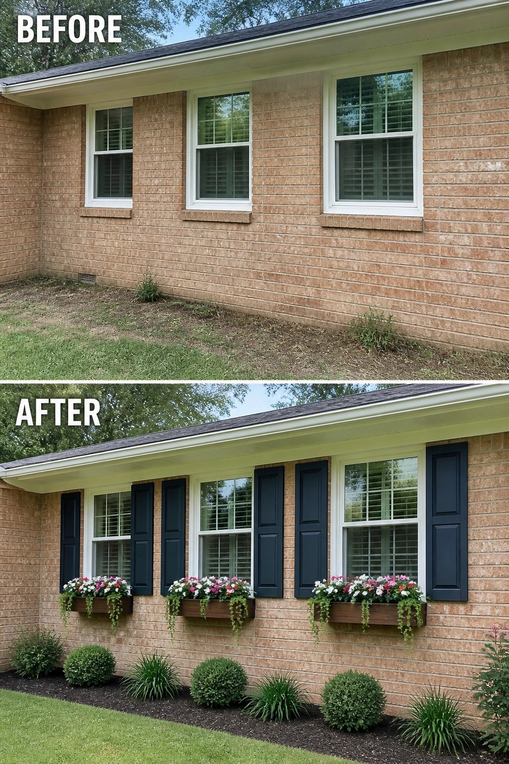 Before-and-after image of a plain brick ranch exterior updated with painted shutters, wood window boxes filled with flowers, and a new planted foundation bed.