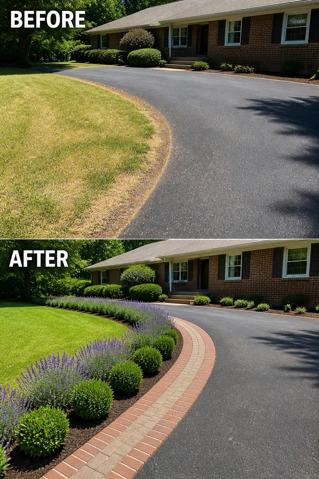 Before-and-after image of a front driveway where a ragged lawn edge is replaced by a brick and paver border with repeated boxwood and lavender plantings.