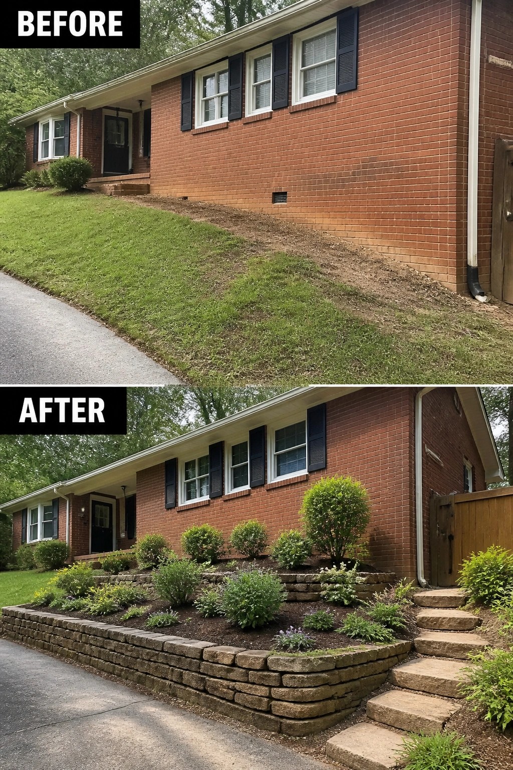 Before-and-after image of a bare sloped front yard converted into tiered stacked-stone retaining beds with planted shrubs and a stone step path.