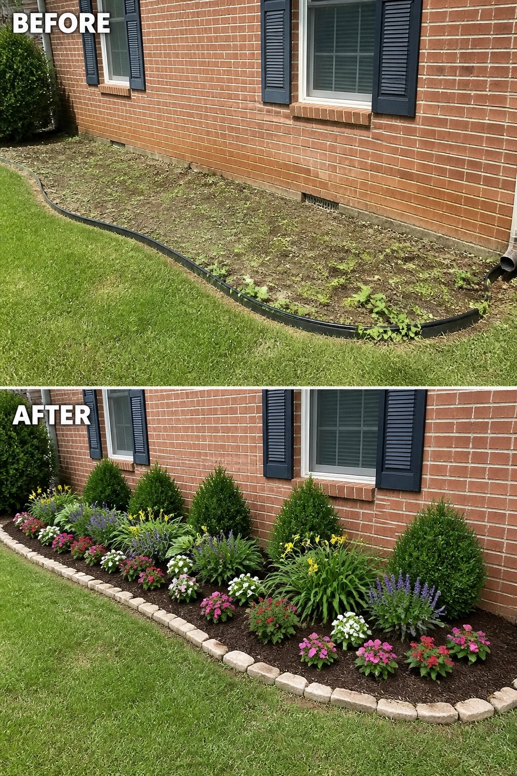 Before-and-after image showing a bare foundation strip replaced with a mulched garden bed edged in stone and planted with evergreen shrubs and flowering perennials.