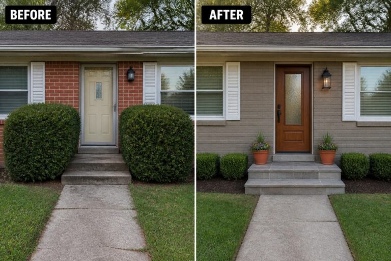 Before and after entry: overgrown shrubs and beige door replaced by wooden door, stone steps.