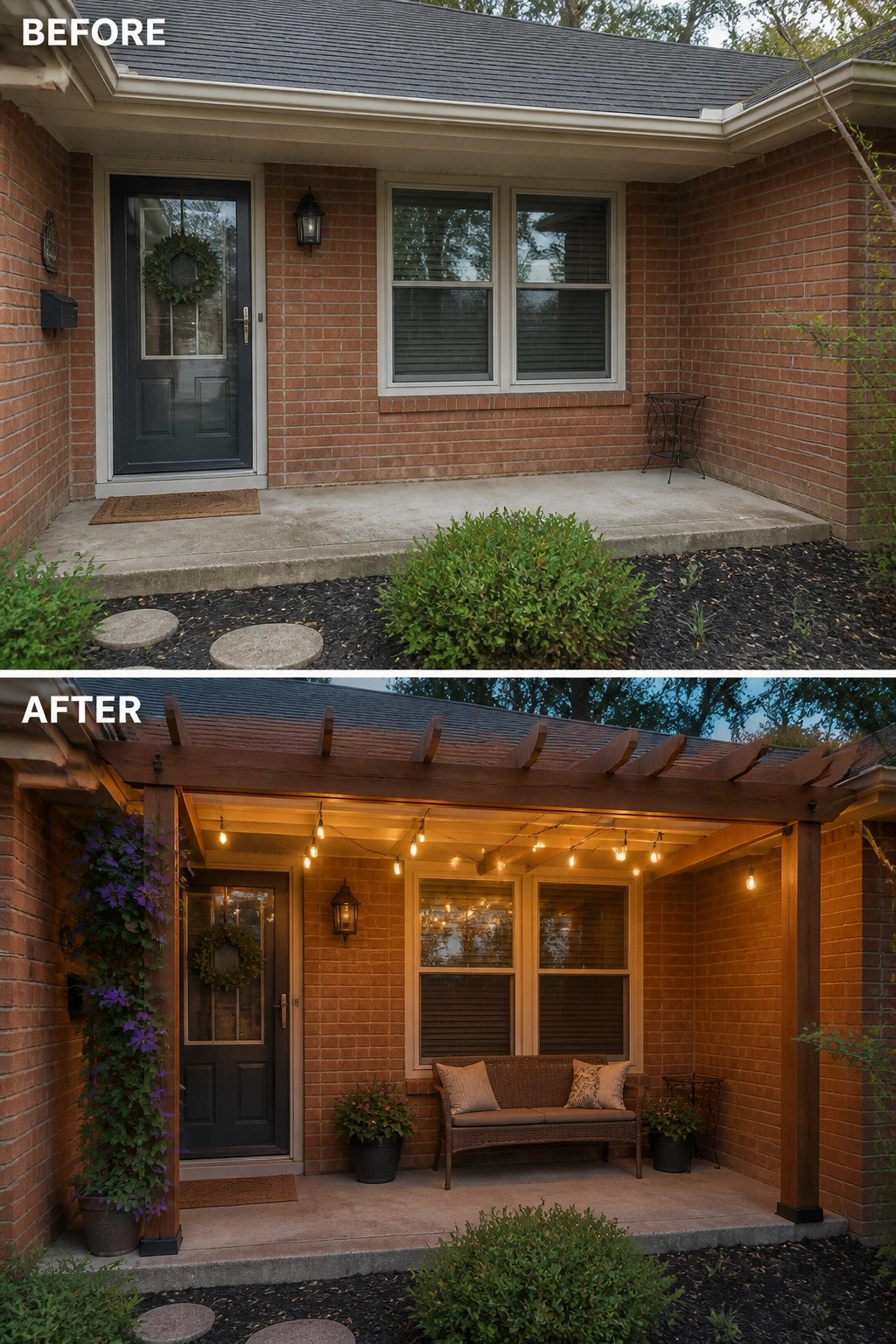 Before-and-after image of a front porch updated from bare concrete to a small covered seating area with a wooden pergola, string lights, a bench, and potted plants.