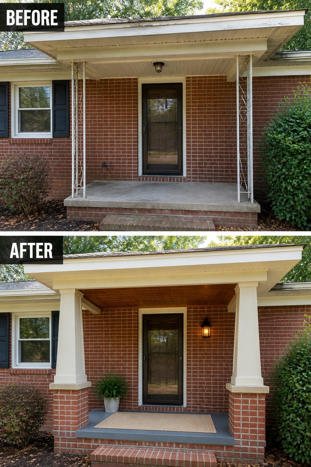 Split view: porch transformed from plain concrete and metal posts to tapered columns, wood ceiling