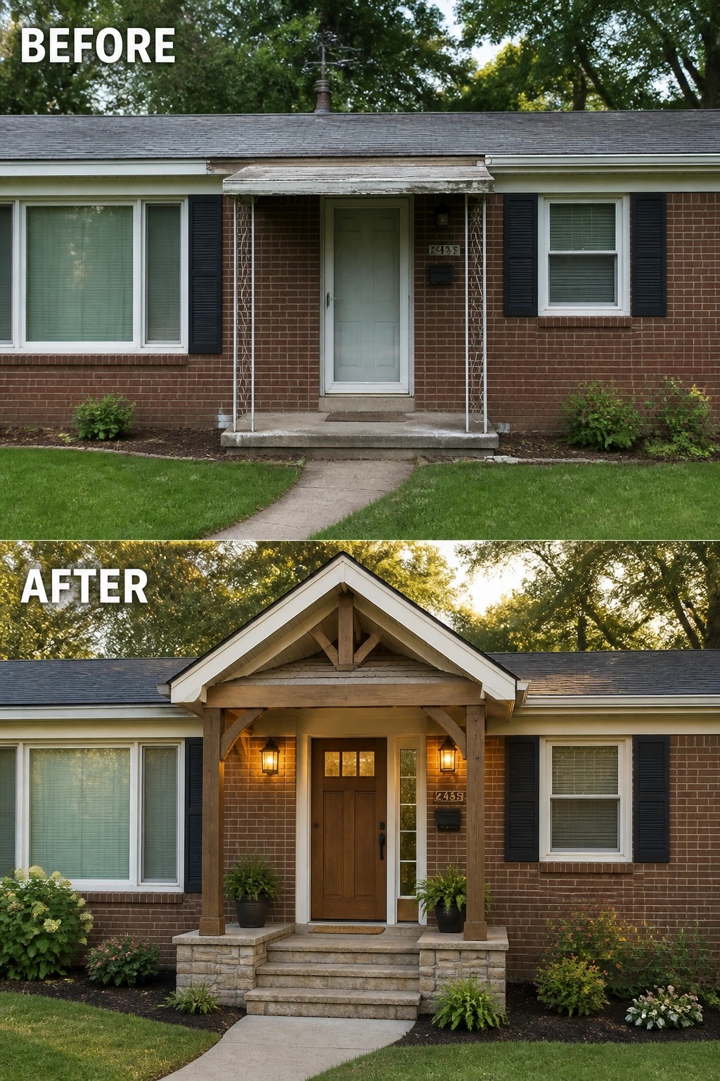 Before-and-after image of a brick ranch front entry showing a plain stoop replaced with a covered gabled porch, stone steps, a new wood door, and added lighting and planters.