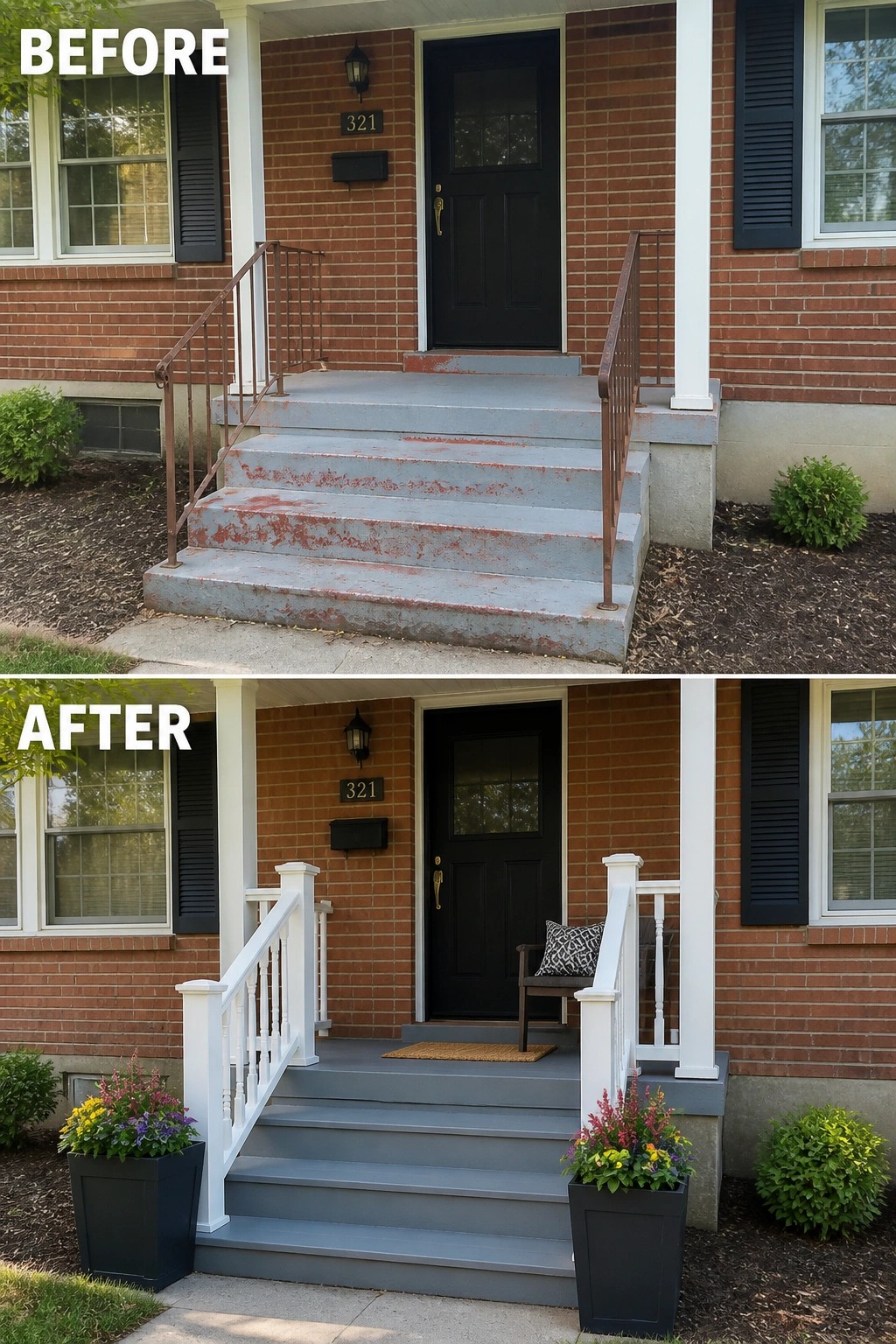 Before-and-after image of a plain concrete front porch updated with painted steps, new white railings, planters, and a small seating area.