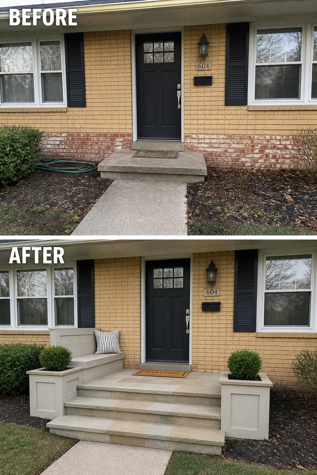 Before-and-after image of a front entry where a plain concrete step was replaced by tiled steps with an integrated bench and matching planters.