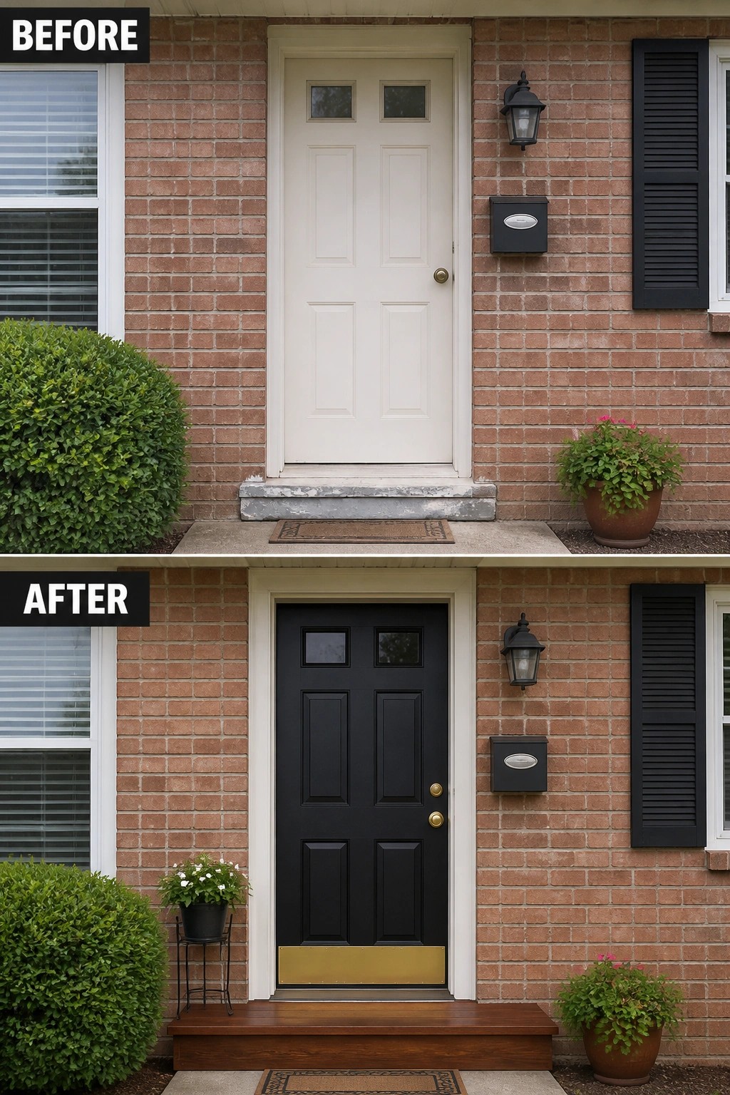 Before-and-after image of a front entry where a plain beige door and worn stoop are updated with a painted black door, a new wooden step, and added planters.