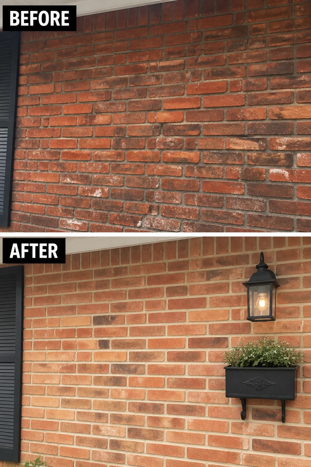 Before-and-after image of a brick house exterior showing dark, weathered brick cleaned and brightened with lighter mortar plus a new wall lantern and planter.