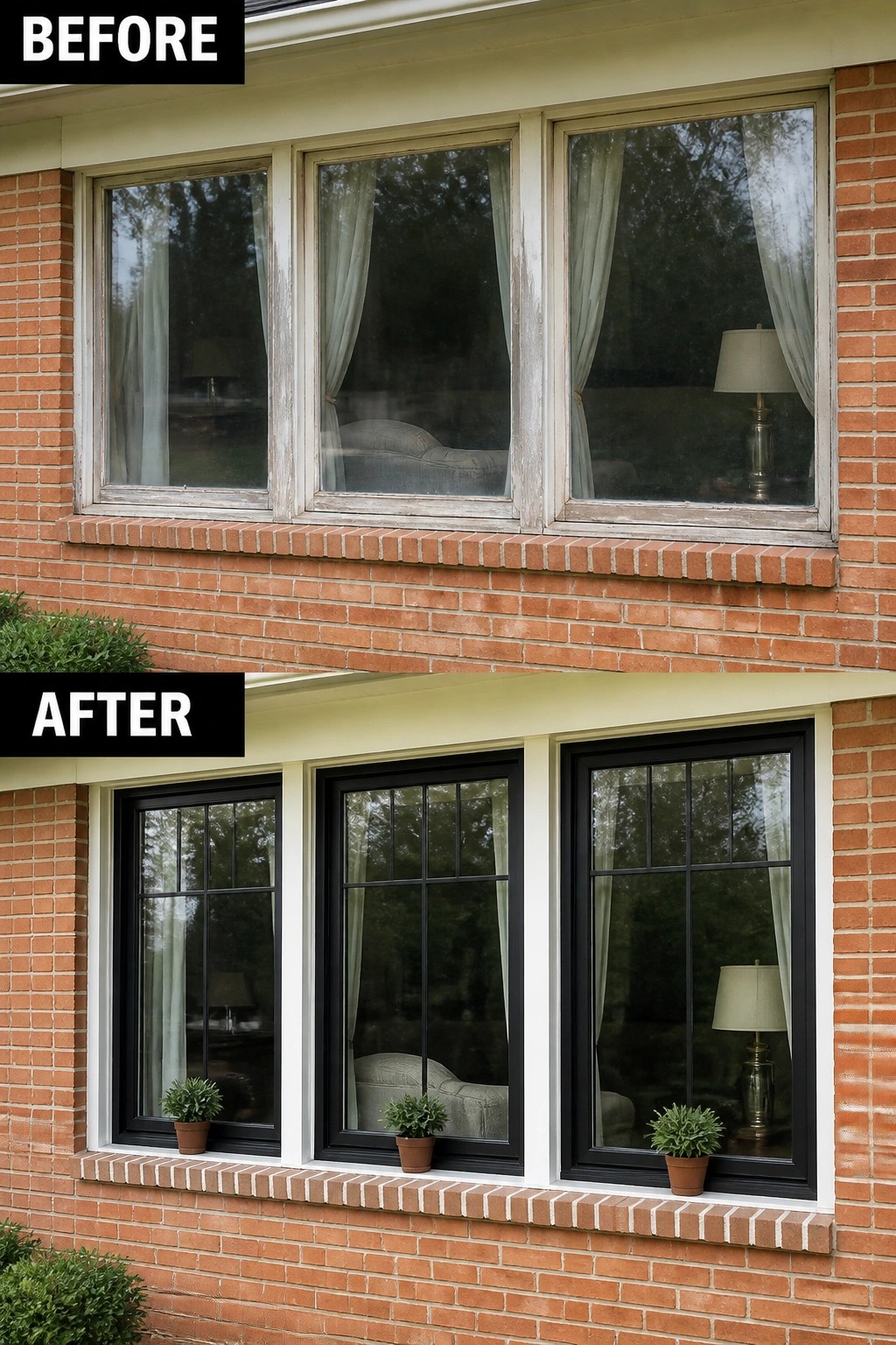 Before-and-after image of a brick ranch front showing old weathered window frames updated to black window frames with white trim and decorative grids.