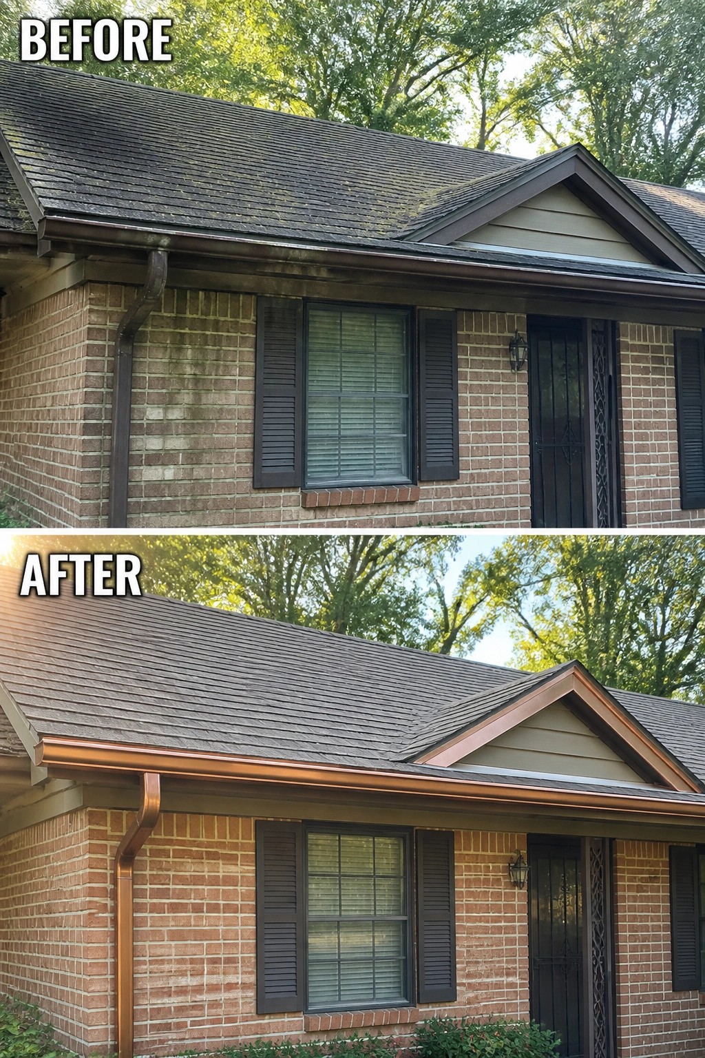 Before-and-after image of a brick ranch exterior where old dark gutters and trim are replaced with new copper gutters and fascia.