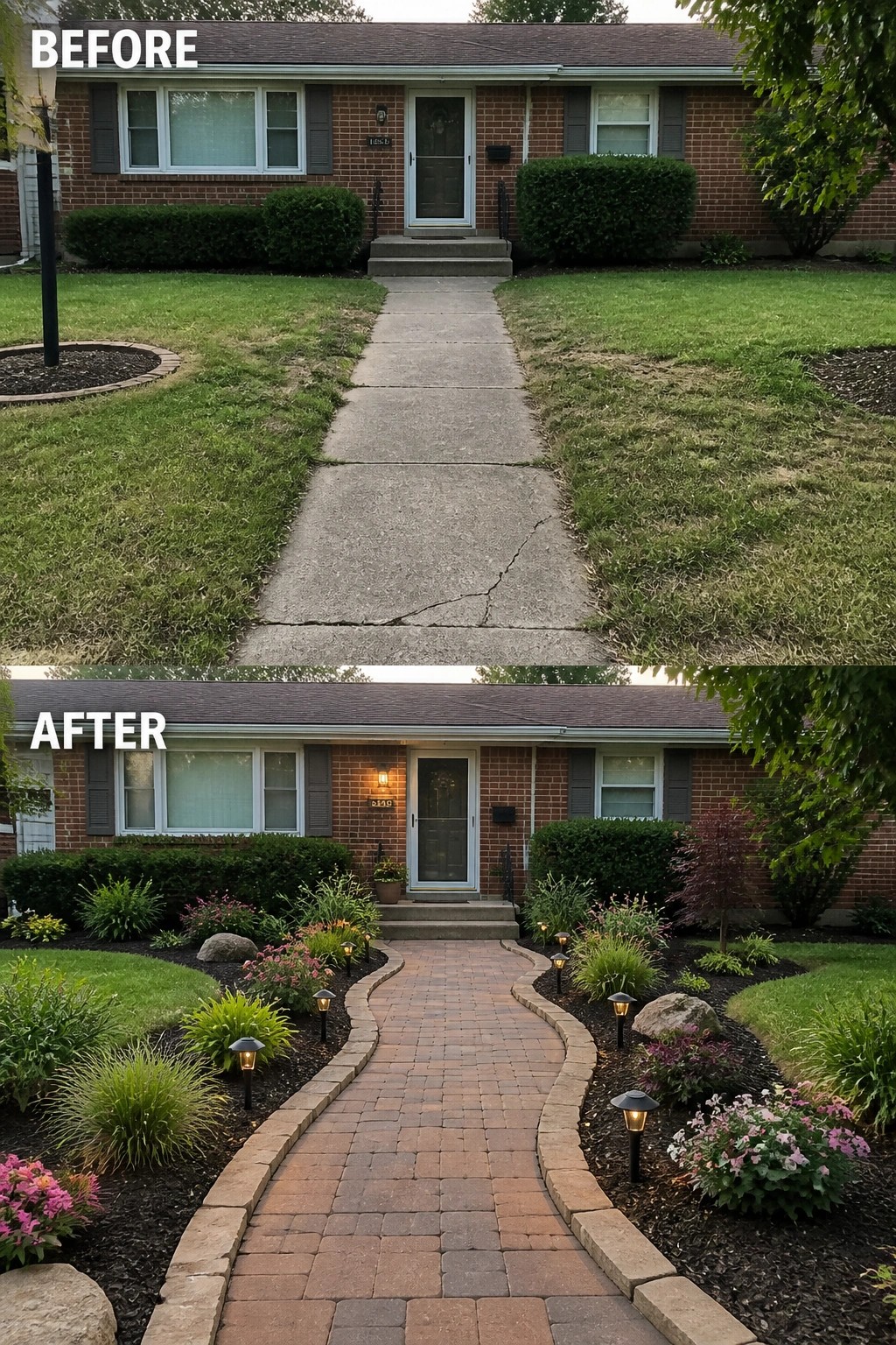 Before-and-after image of a brick ranch front yard where a straight cracked concrete walkway was replaced by a curved paver path with stone edging, planted beds, and path lighting.