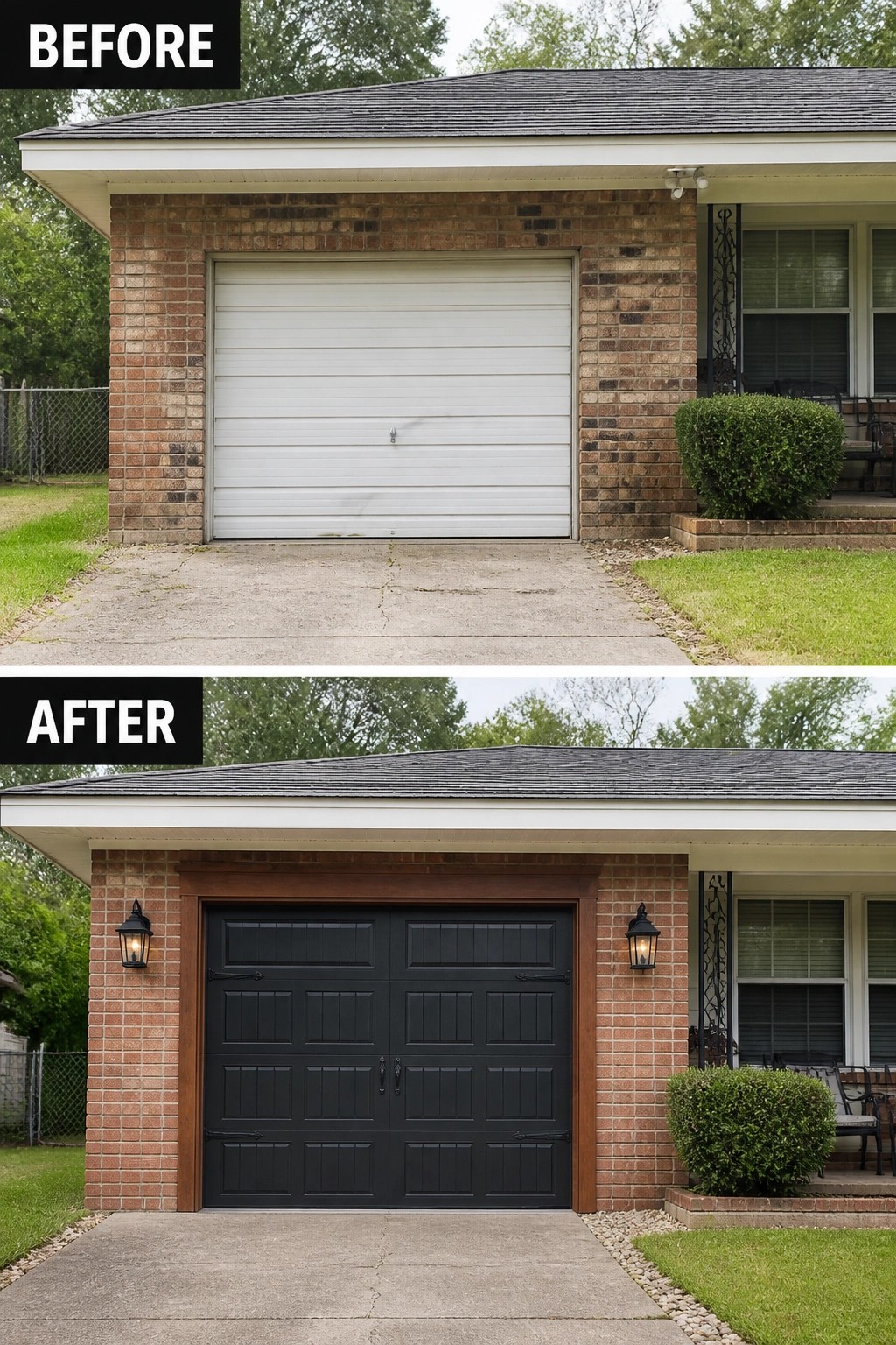 Before-and-after image of a plain white garage door updated to a dark carriage-style door with wood trim and exterior lanterns.