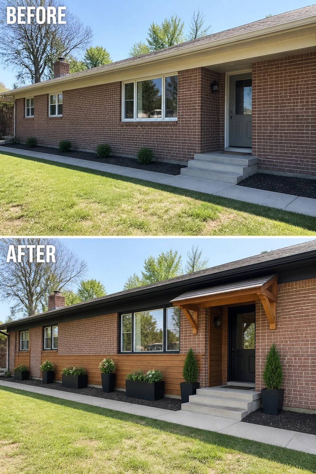 Before-and-after image of a brick ranch front where a horizontal wood accent and a small wooden porch canopy with planters were added to the facade.