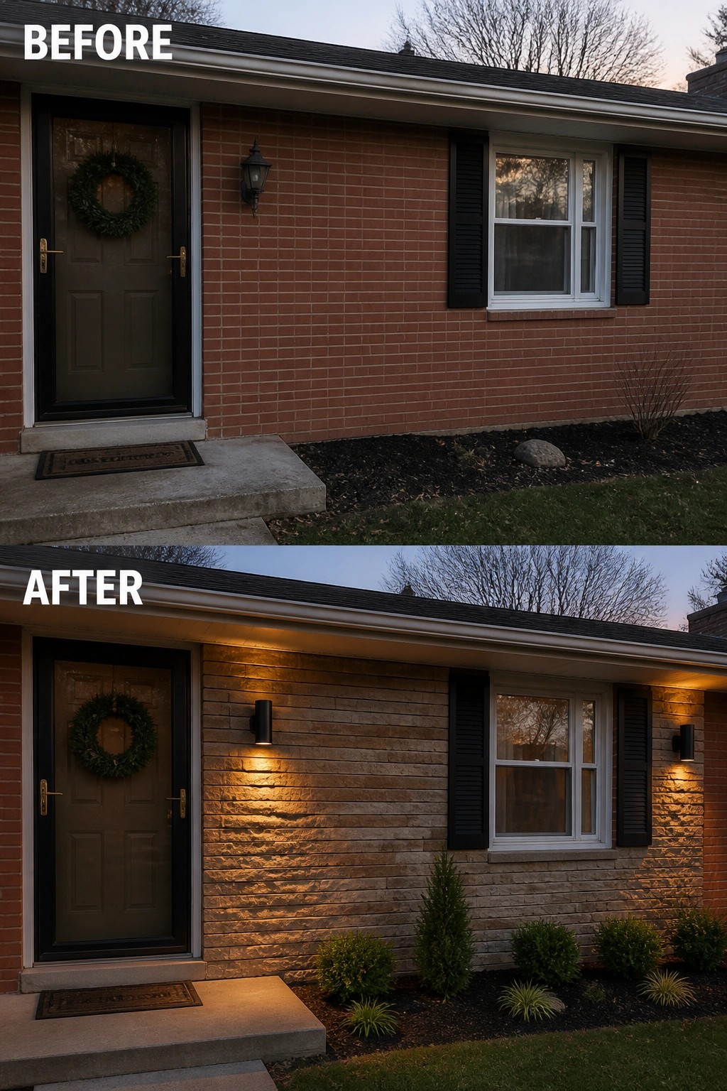 Before and after split showing brick front transformed to stone, added wall sconces and landscaping.