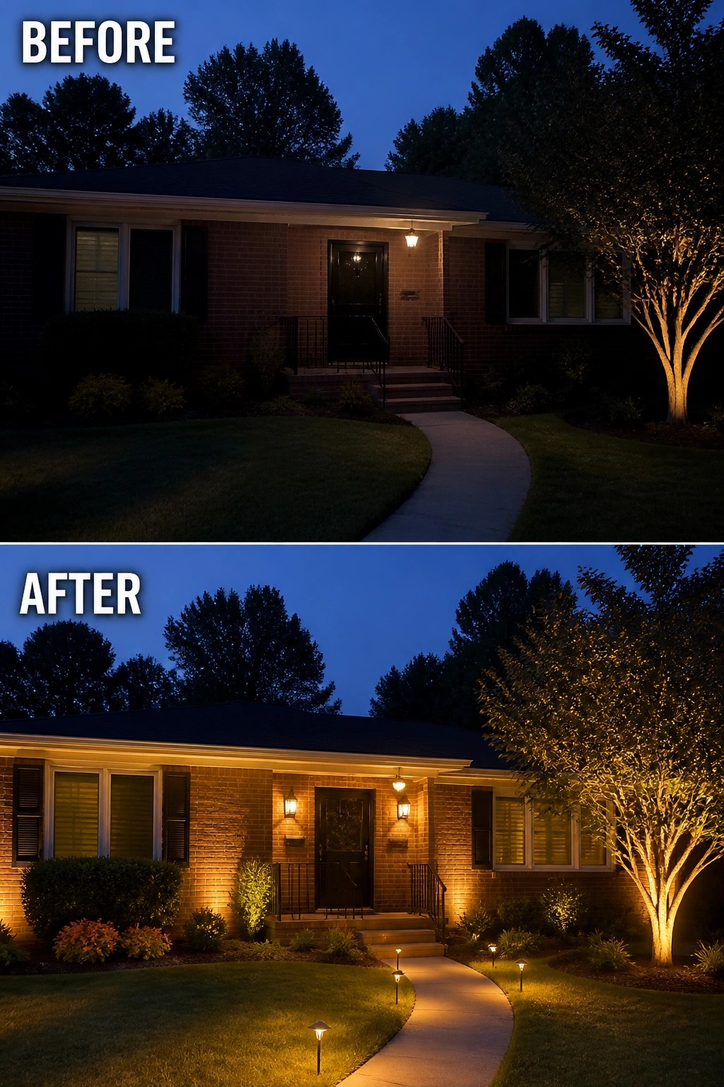 Before-and-after image of a brick ranch front showing a dark entry in the before photo and in the after photo the same house lit with pathway lights, wall lanterns, and tree uplighting.
