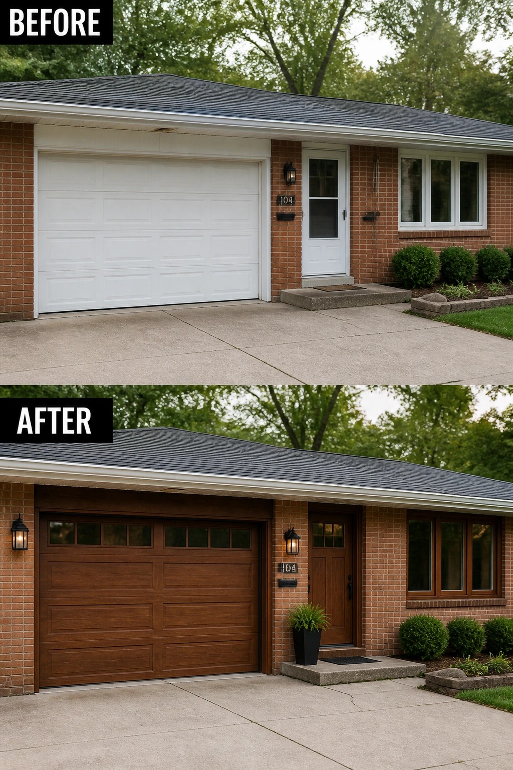 Before-and-after image of a brick ranch where plain white garage and front doors are replaced with matching wood-tone doors, wall lanterns, and a planter.