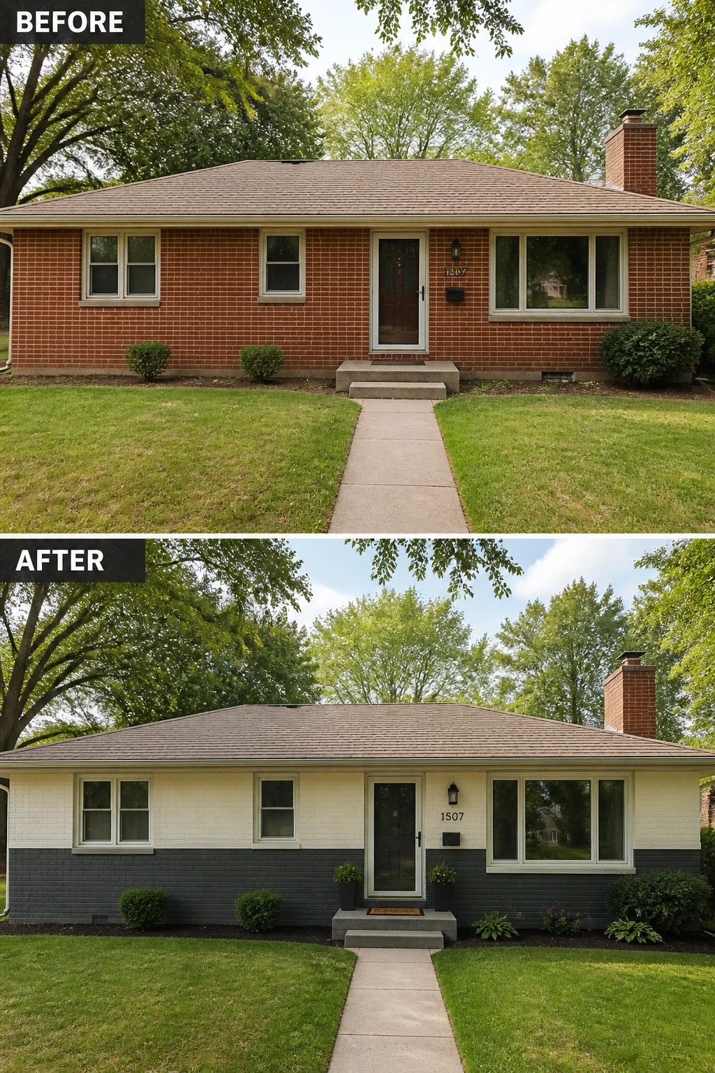 Before-and-after image of a single-story brick ranch where the original red brick facade is painted a light upper color with a darker lower band and the entry is updated with planters.