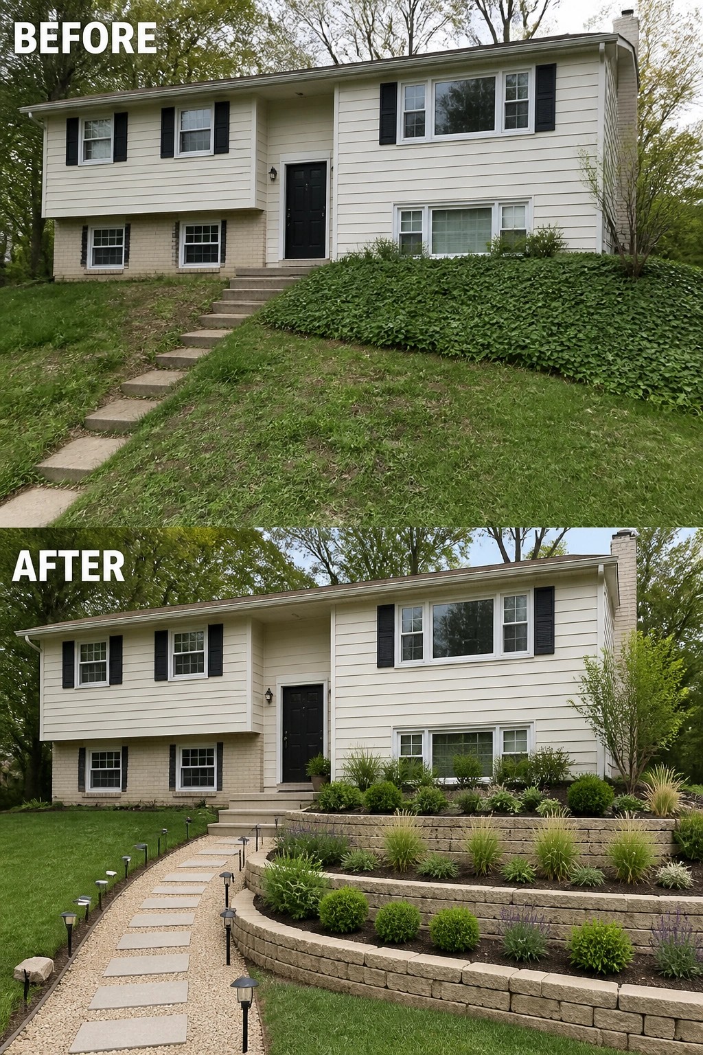 Before-and-after image of a split-level house where an overgrown slope is replaced with terraced retaining walls, planted beds, and a gravel stepping-stone path with lights.