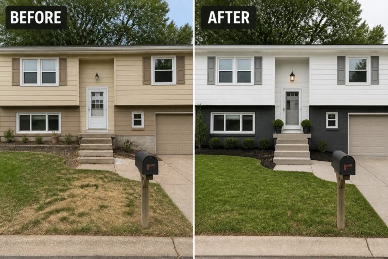 Before-and-after image of a split-level house where the upper siding is repainted white and the lower level and garage are painted dark and new shrubs are added.