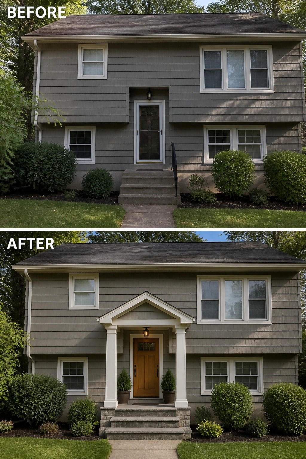 Before-and-after image of a split-level house where a plain recessed entry is updated with a small gabled portico with columns, a new wood front door, and stone-faced steps.