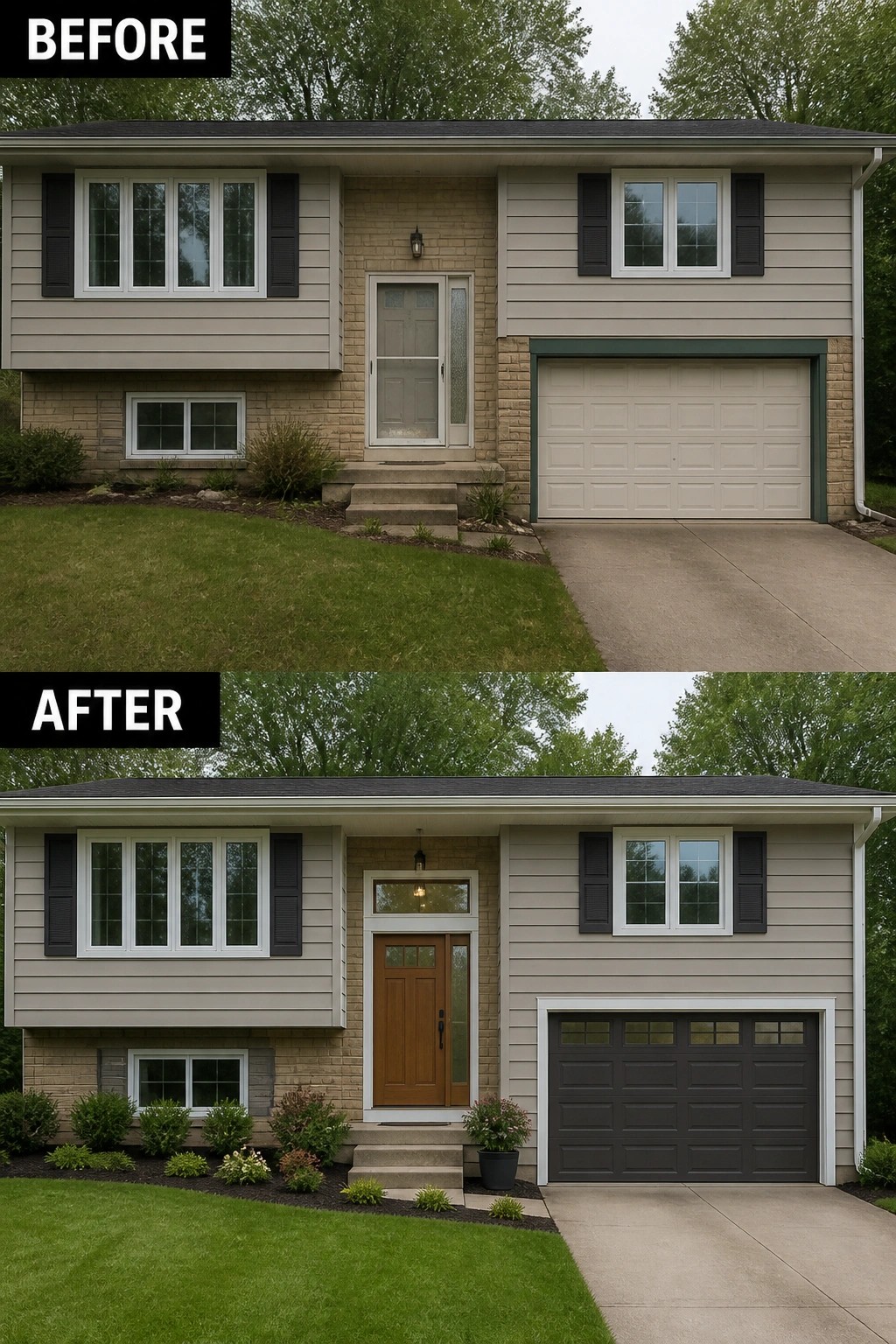 Before-and-after image of a split-level front facade updated with a new wooden entry door, matching dark garage door, and fresh plantings.
