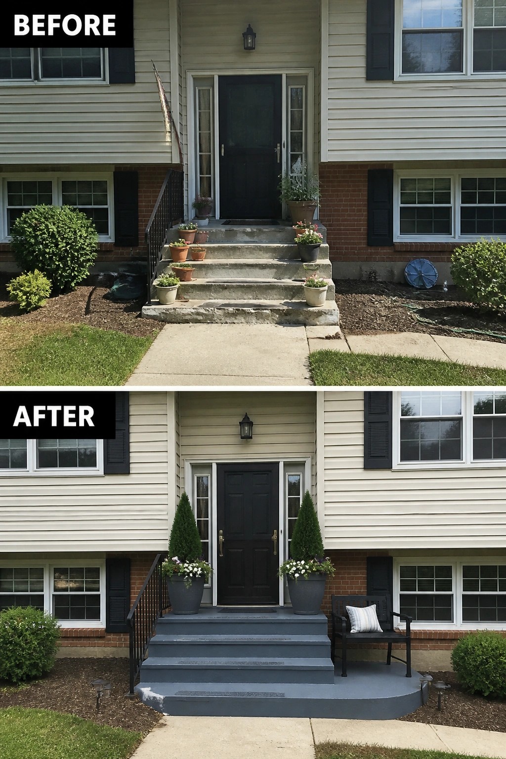 Before-and-after image of a front porch where worn concrete steps were painted and styled with matching planters and a small bench to create a cohesive entry.