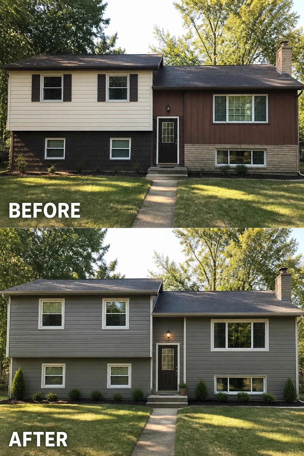 Before-and-after image of a split-level house changed from mixed two-tone siding to a unified mid-gray exterior with white trim, an entry light, and low shrubs.