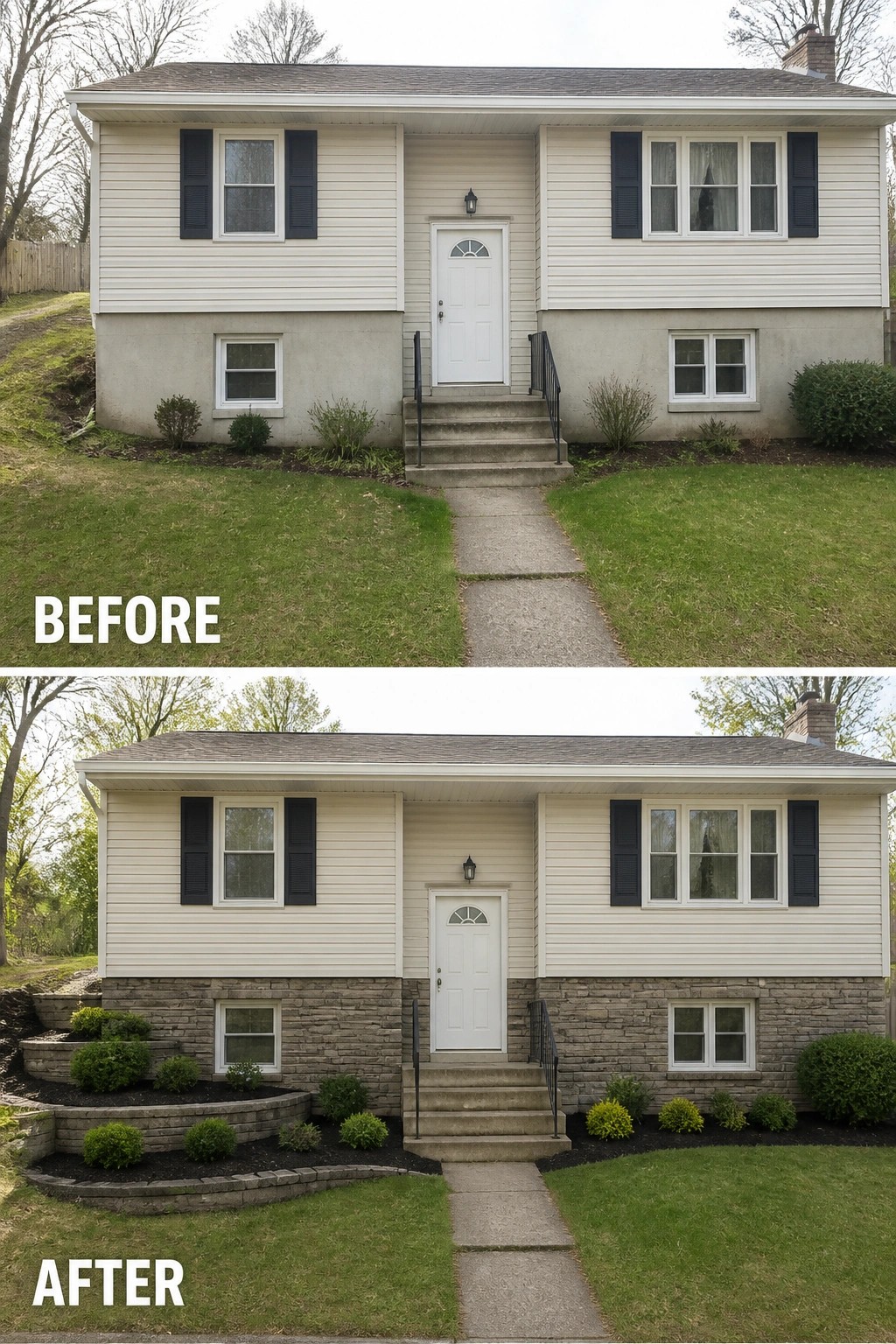 Before-and-after image of a split-level house where the plain concrete foundation is replaced by a stone veneer and defined planting beds with retaining walls.