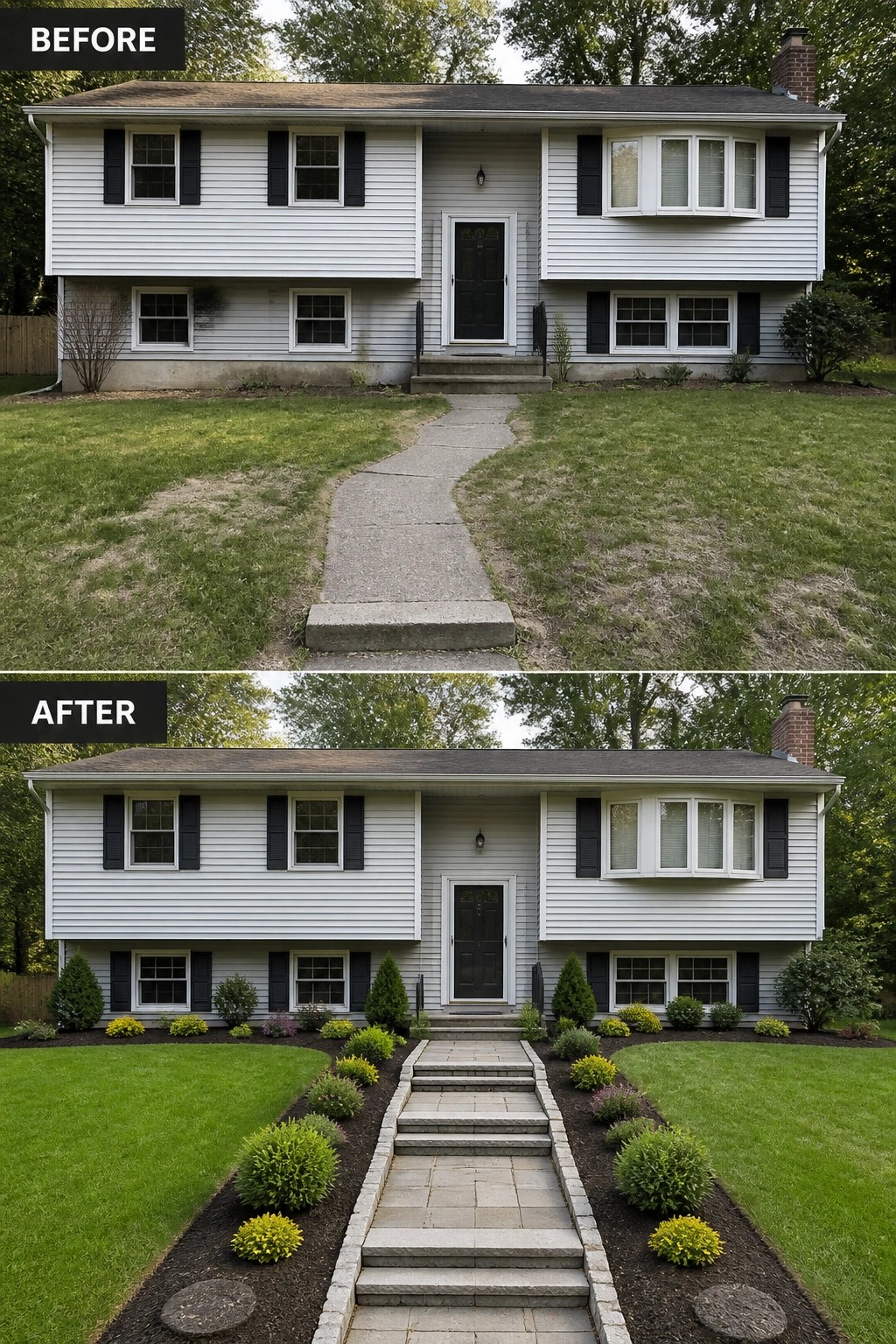 Before-and-after image of a split-level house where a cracked narrow walkway and sparse lawn are replaced by a stepped paver path with stone edging and neat mulched planting beds.