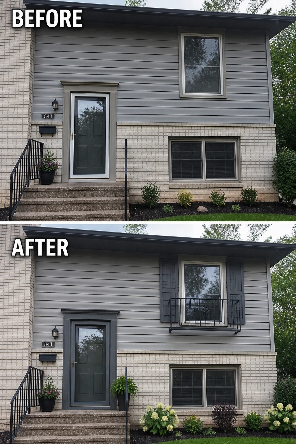 Before-and-after image of a split-level house where the upper window and front entry are unified by dark painted trim, added shutters and a small balcony railing, plus new planters.