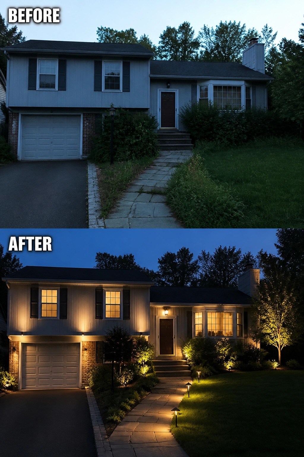 Before-and-after image of a split-level house showing a dark, overgrown front yard changed to evening view with warm uplighting on the facade and small pathway lights illuminating the walkway.