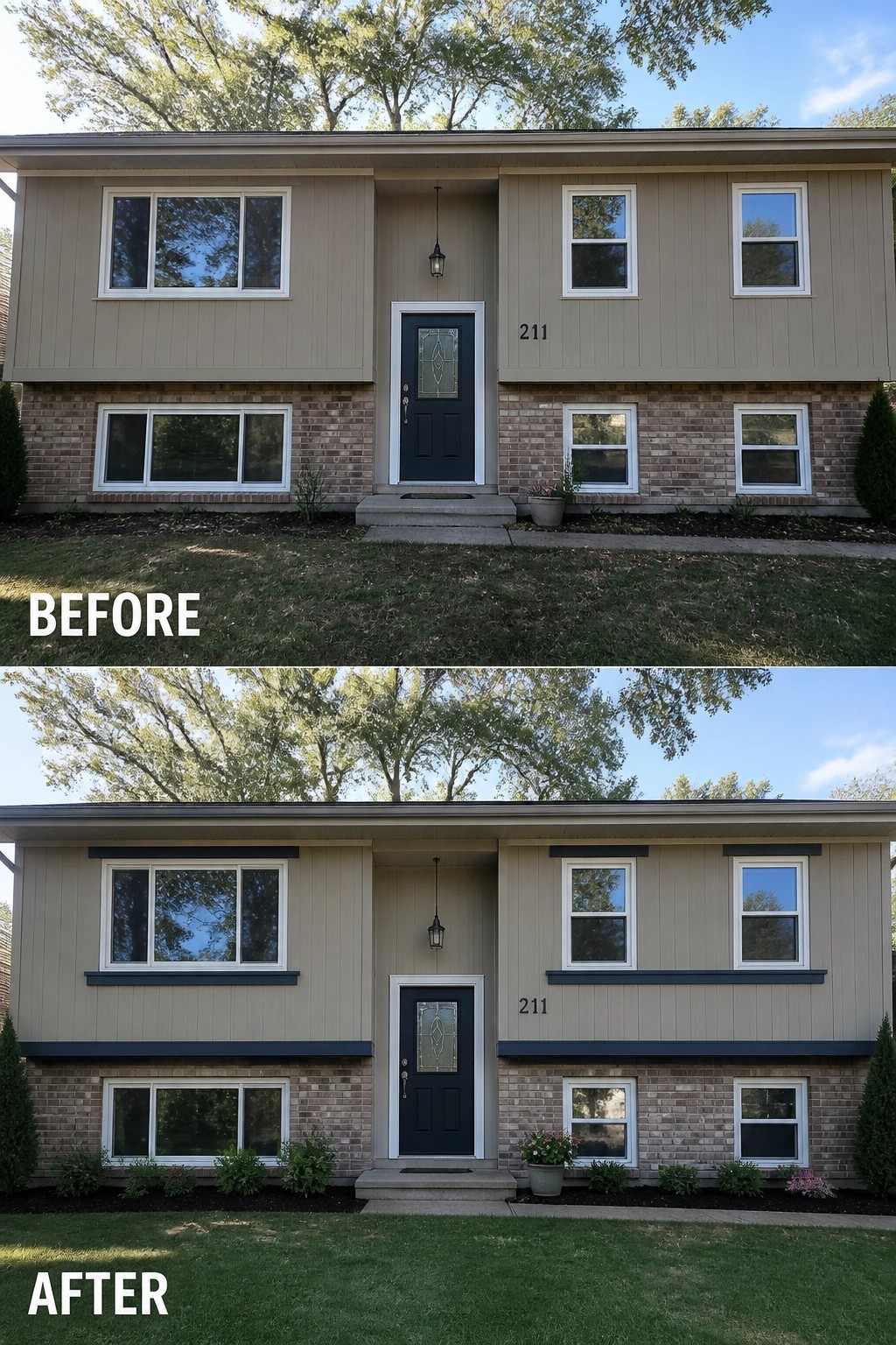 Before and after split-level beige house with navy door, brick base, added trim, landscaping