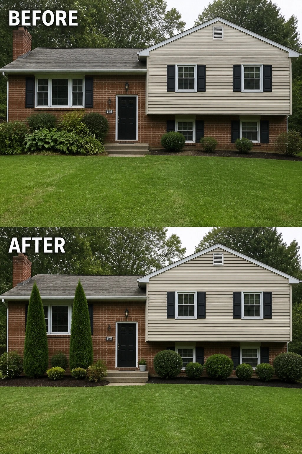 Before-and-after image of a split-level front facade updated with two tall columnar evergreens, trimmed round shrubs, and defined mulch beds.