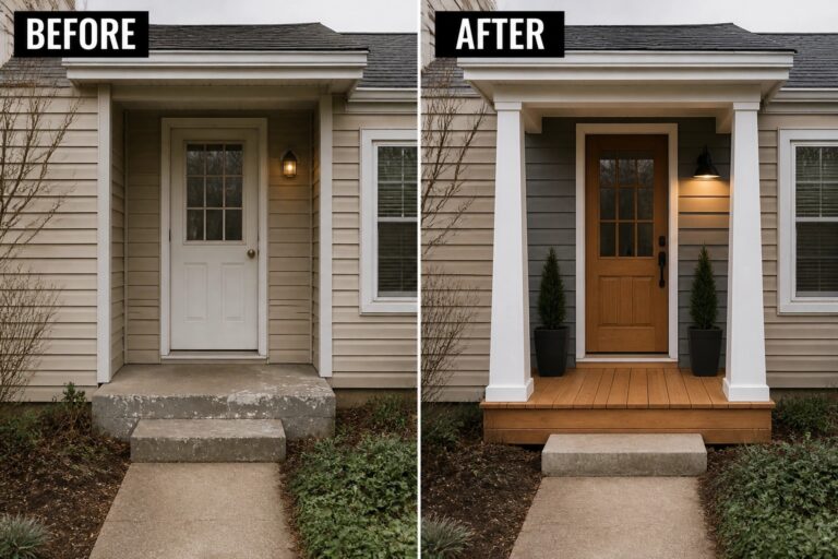 Before and after front entry: white door with concrete steps replaced by wooden craftsman door.
