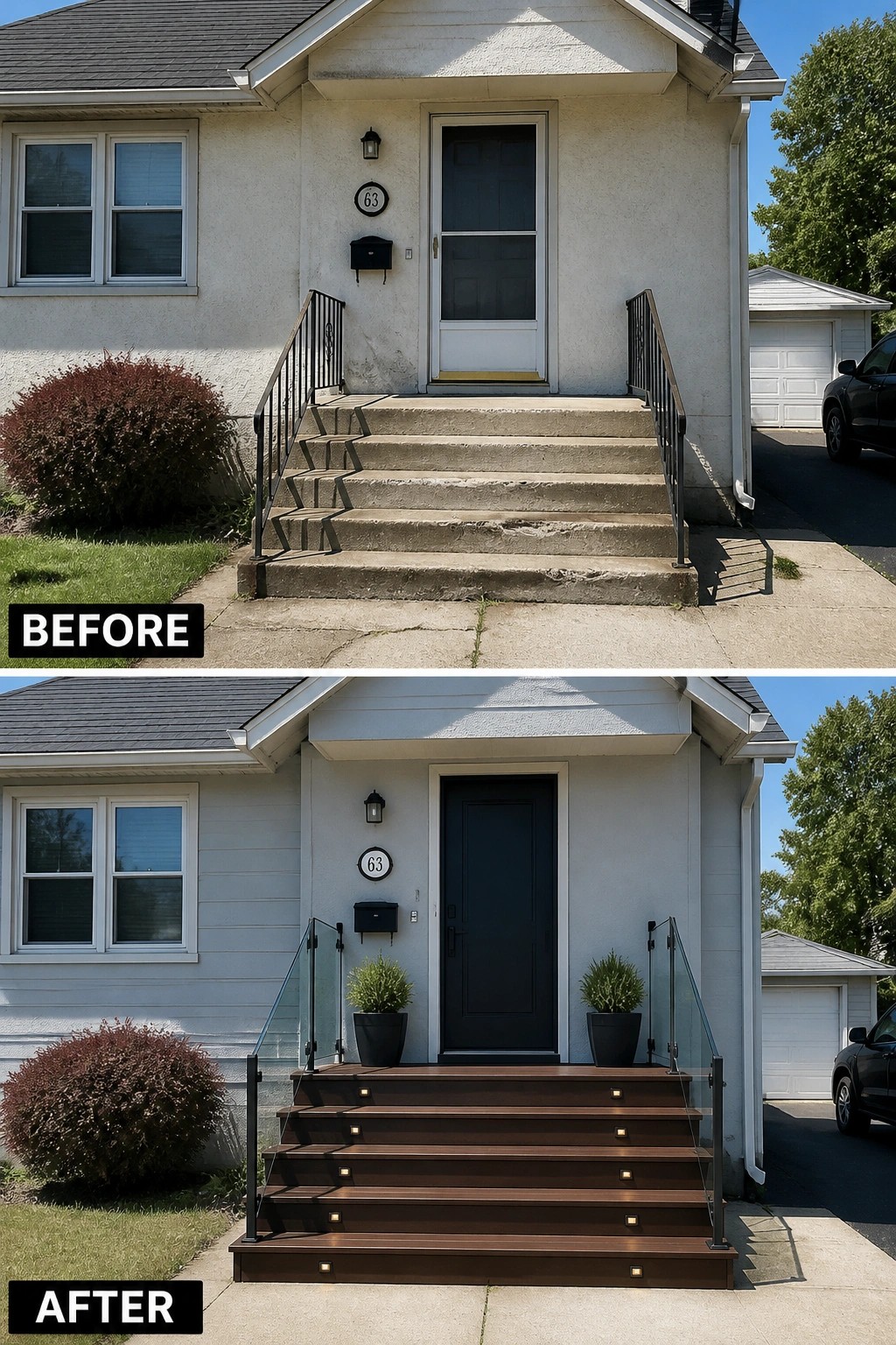 Before-and-after image of a shallow front porch where worn concrete steps were replaced by wood-look steps with glass railings, planters, and built-in step lights.